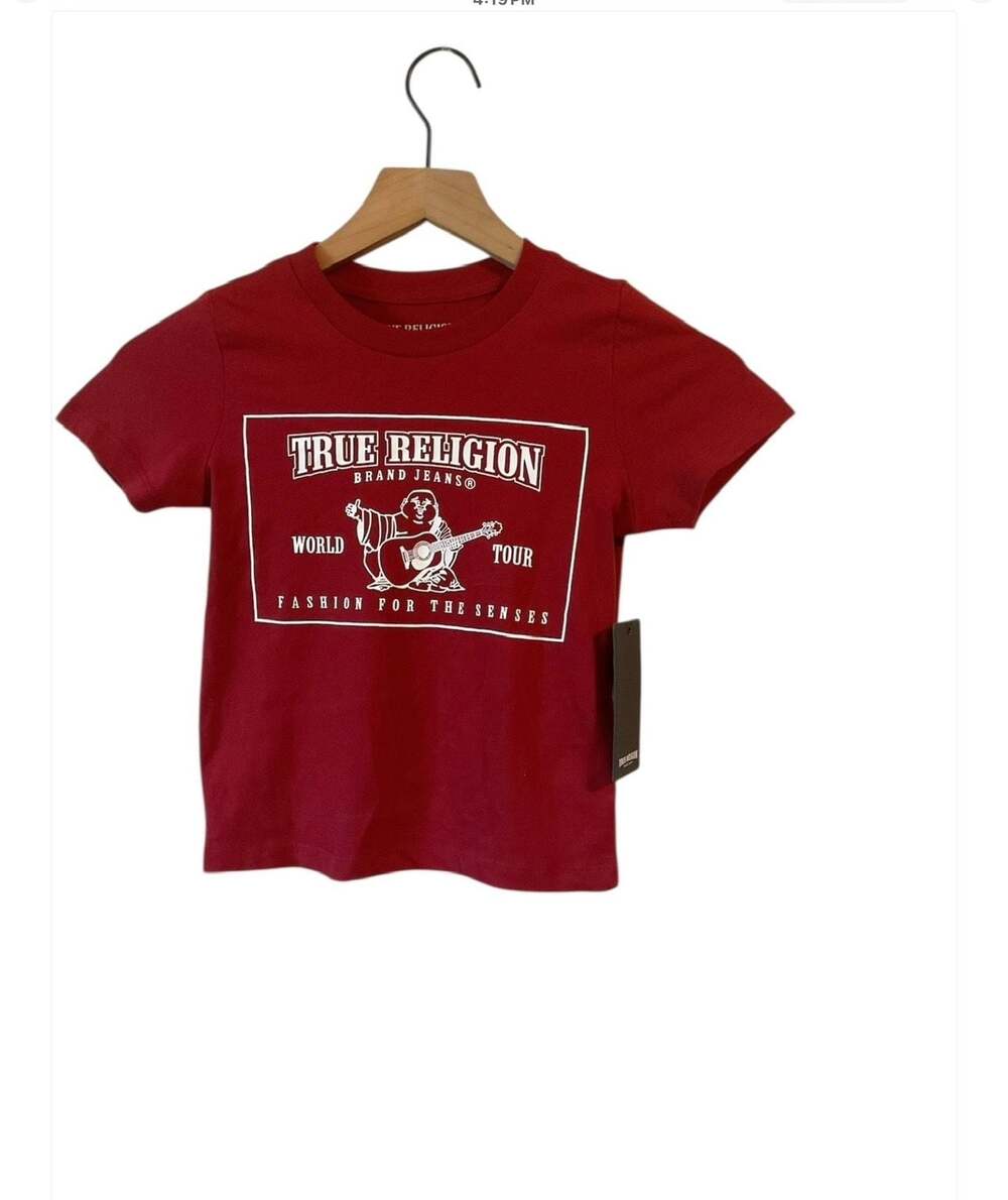 True Religion World Tour Buddha Logo Tee Red Dahlia Junior Womens XS